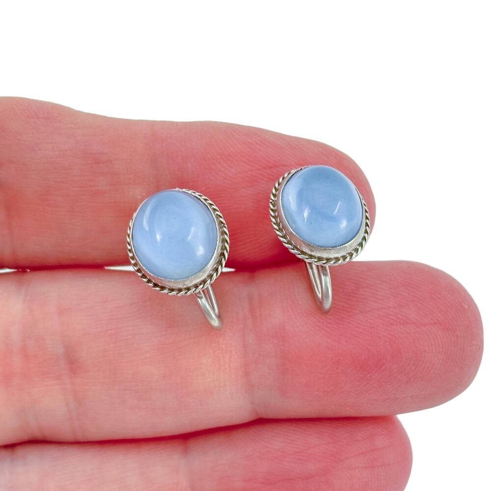 Vintage Sterling Silver 925 Blue Chalcedony Screw Back Earrings